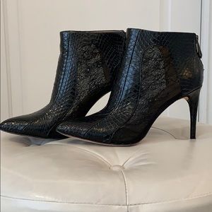 BCBG Cleo Snake-Embossed Lace Combo Day Bootie